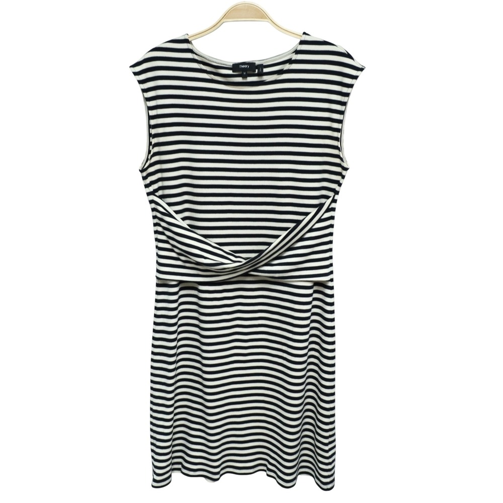 Theory‎ Front Twist Sleeveless Knit Dress Size M Striped Pima Cotton Preppy Work